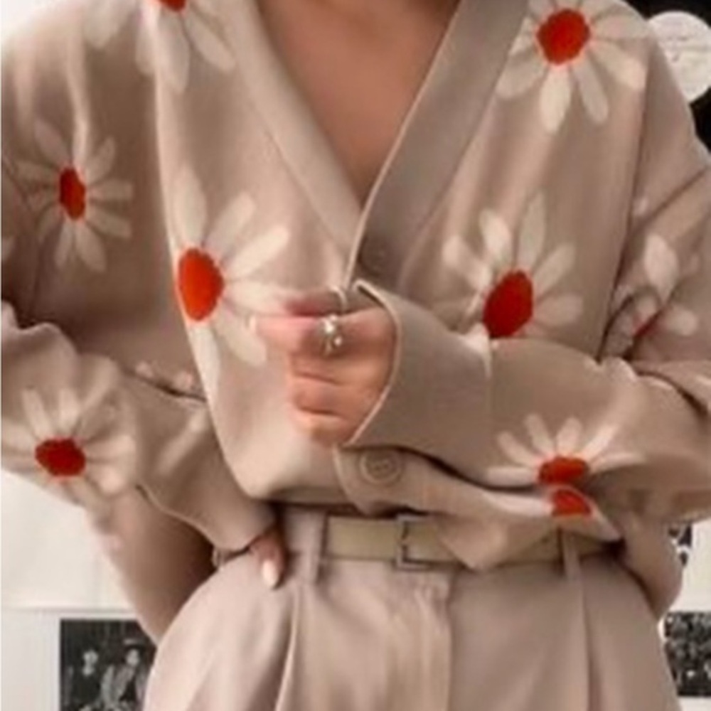 stradivarius Beige Daisy-Print Knit Sweater with Orange Centers